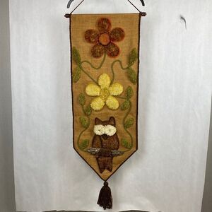 Vintage Latch Hook Wallhanging Decor Owl Flowers Lathchook Yarn 70s 1970s